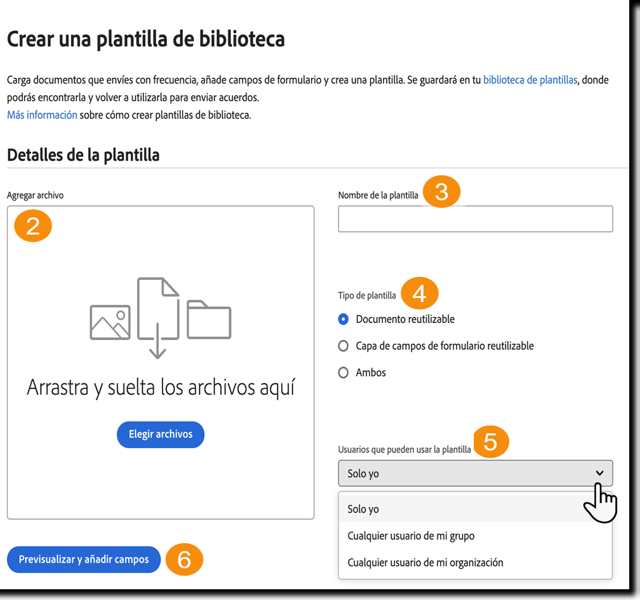 La página “Crear una plantilla de biblioteca” muestra las propiedades ampliadas de la plantilla.