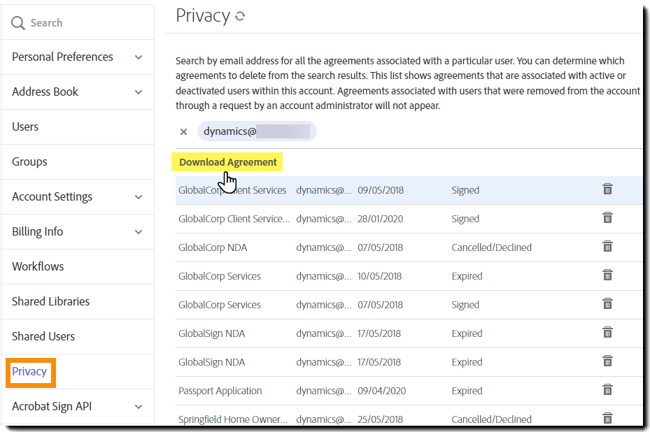 La ventana Privacidad con los acuerdos mostrados y el vínculo Descargar acuerdo resaltado
