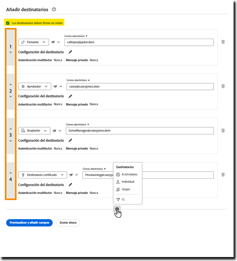 Configuración de firma paralela en la página Enviar con el control activado “Los destinatarios deben firmar en orden” resaltado y los números de índice de destinatarios identificados.