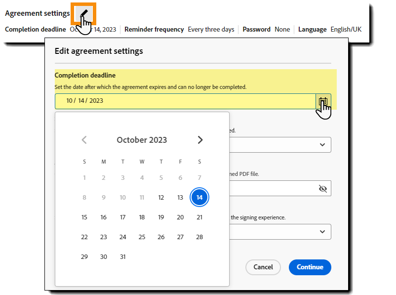 El panel de configuración del acuerdo con el calendario de fechas límite resaltado