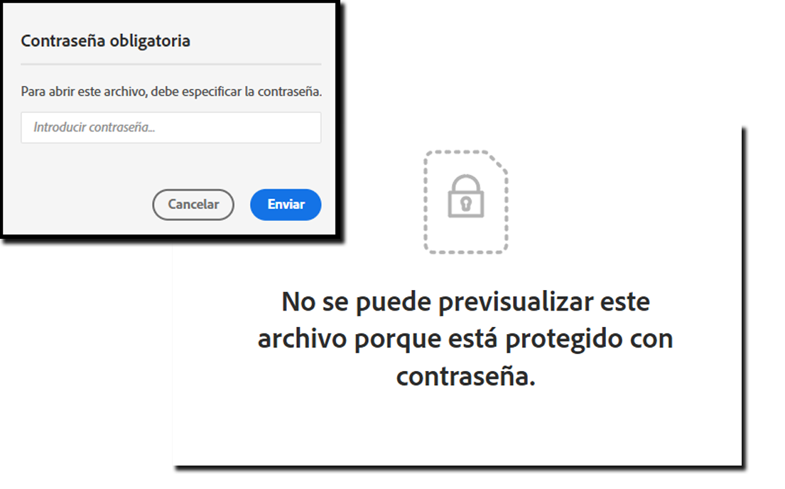 Un ejemplo del panel de solicitud de contraseña y el error resultante si no se incluye una contraseña.