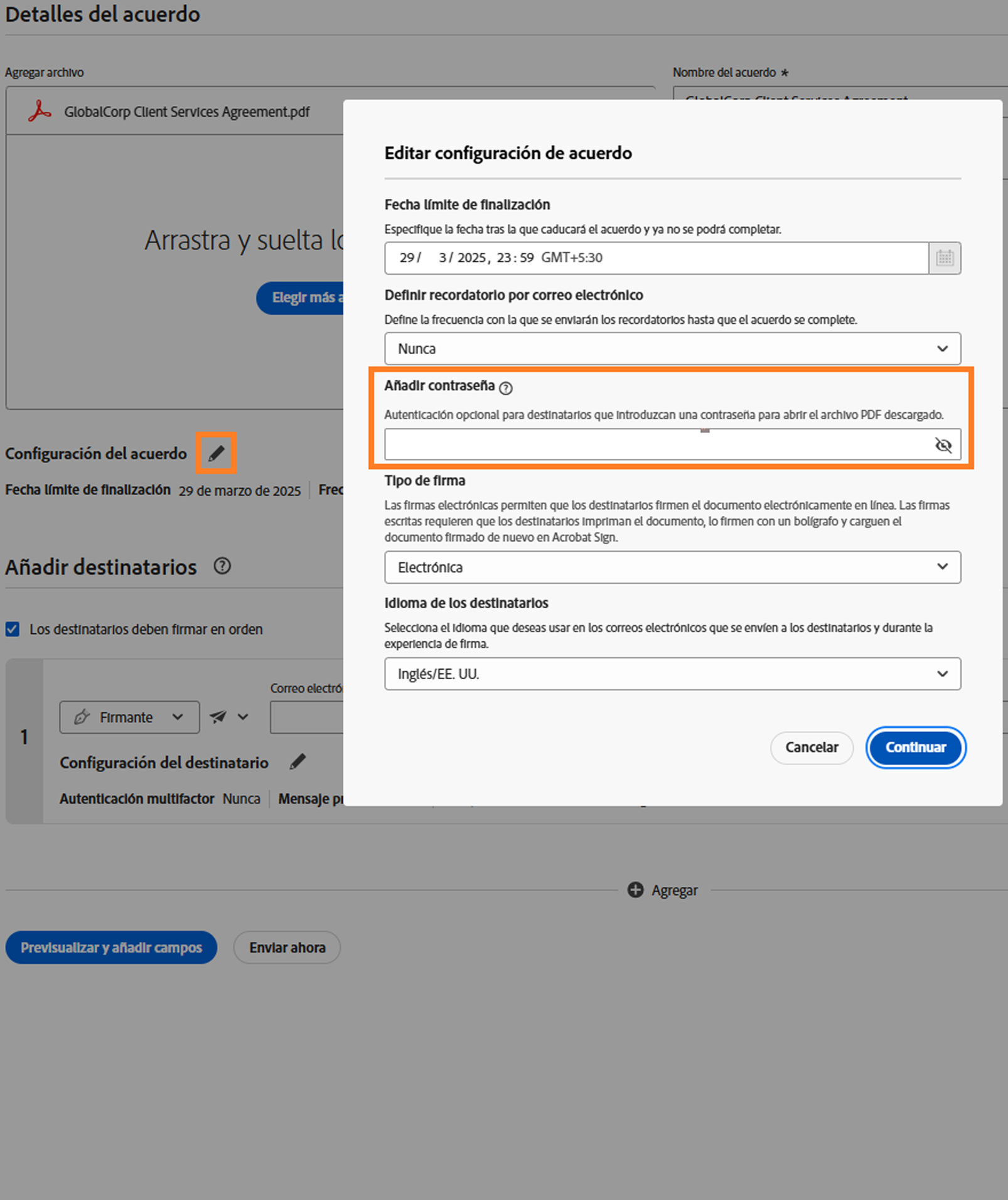 Una vista de la página Solicitar firma con el control de contraseñas resaltado.
