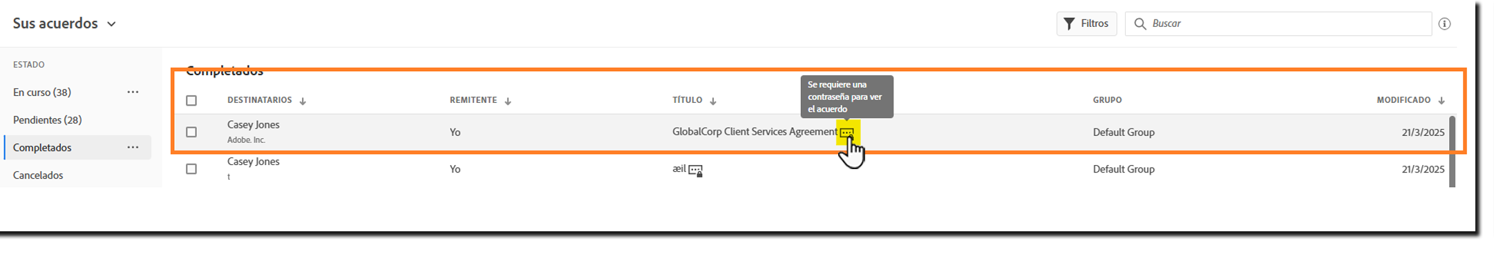 Una vista de la página Administrar con el icono de vista protegida resaltado en un registro de acuerdo.