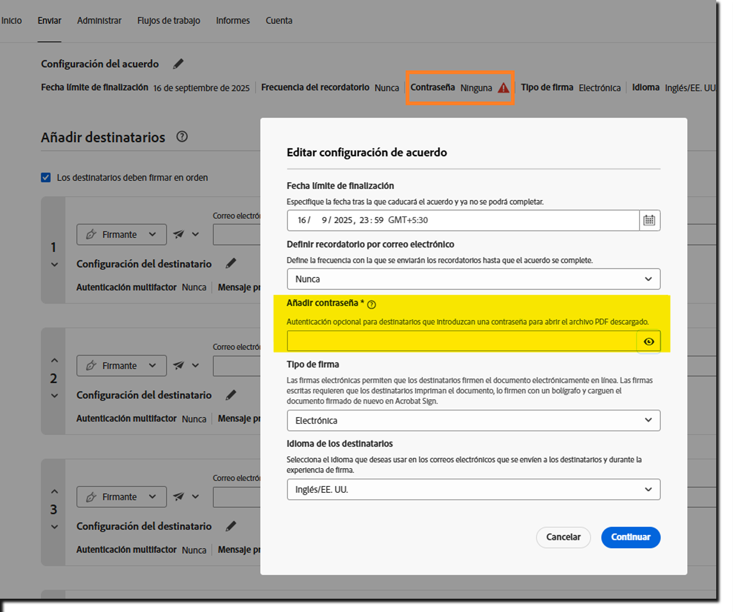 Una vista de la página Solicitar firma que resalta el control de contraseñas requerido.