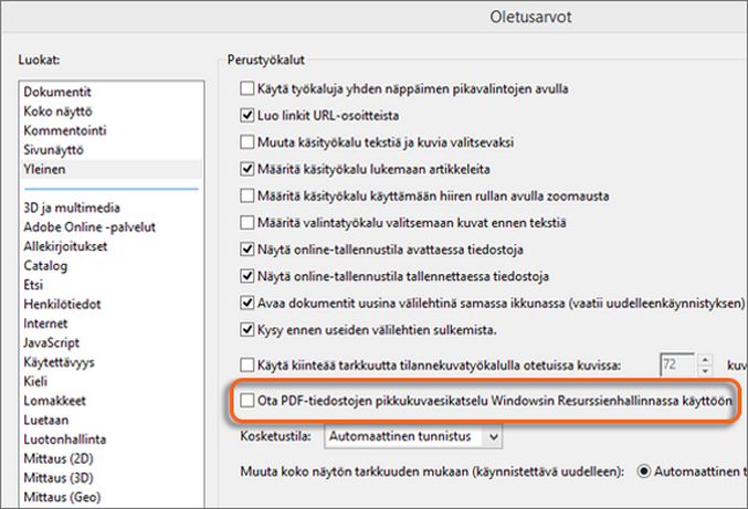 PDF-tiedostojen pikkukuvaesikatselun käyttöönotto