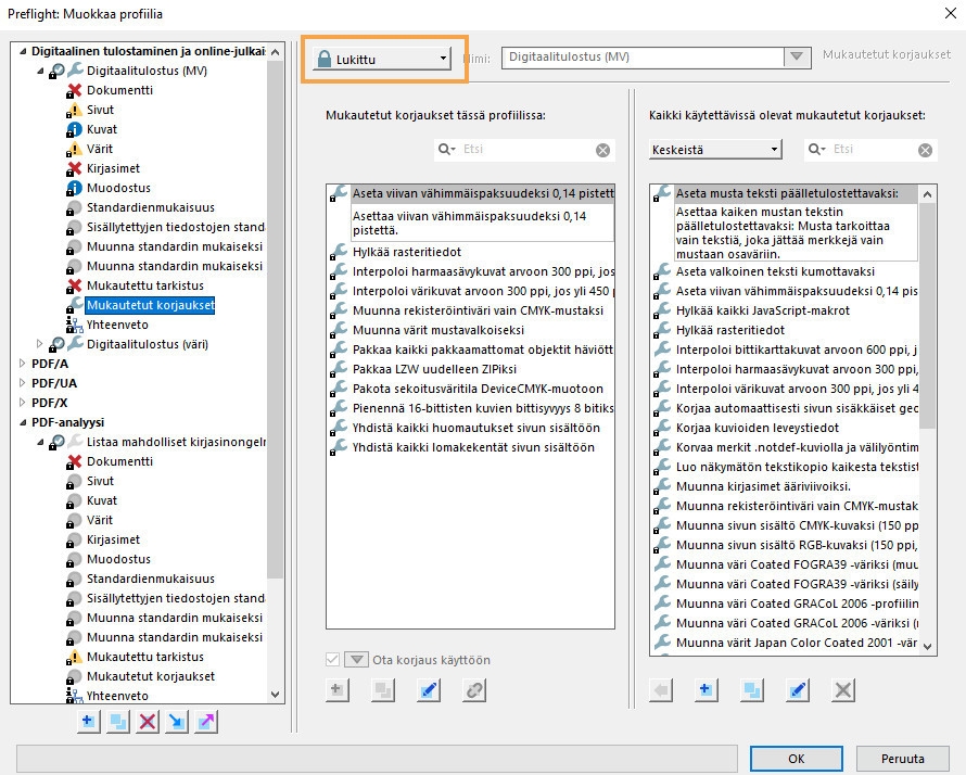 Näyttöön tulee Preflight-valintaikkuna, jossa voit muokata profiilia