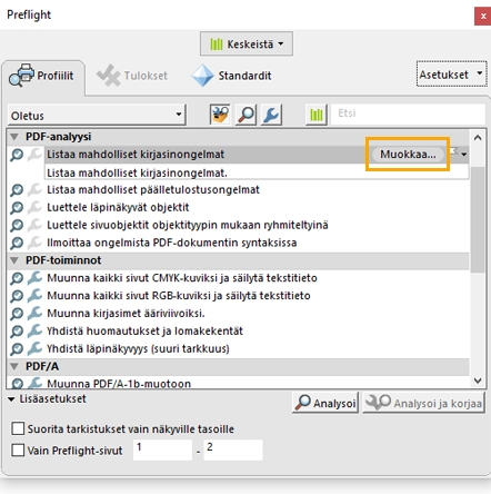 Preflight-valintaikkuna avautuu