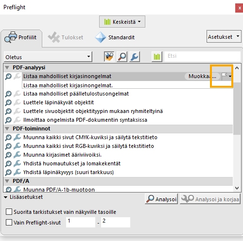 Preflight-valintaikkuna tulee näyttöön, ja lippuasetus on korostettu