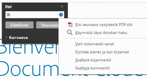 Etsi-työkalurivi Acrobatissa