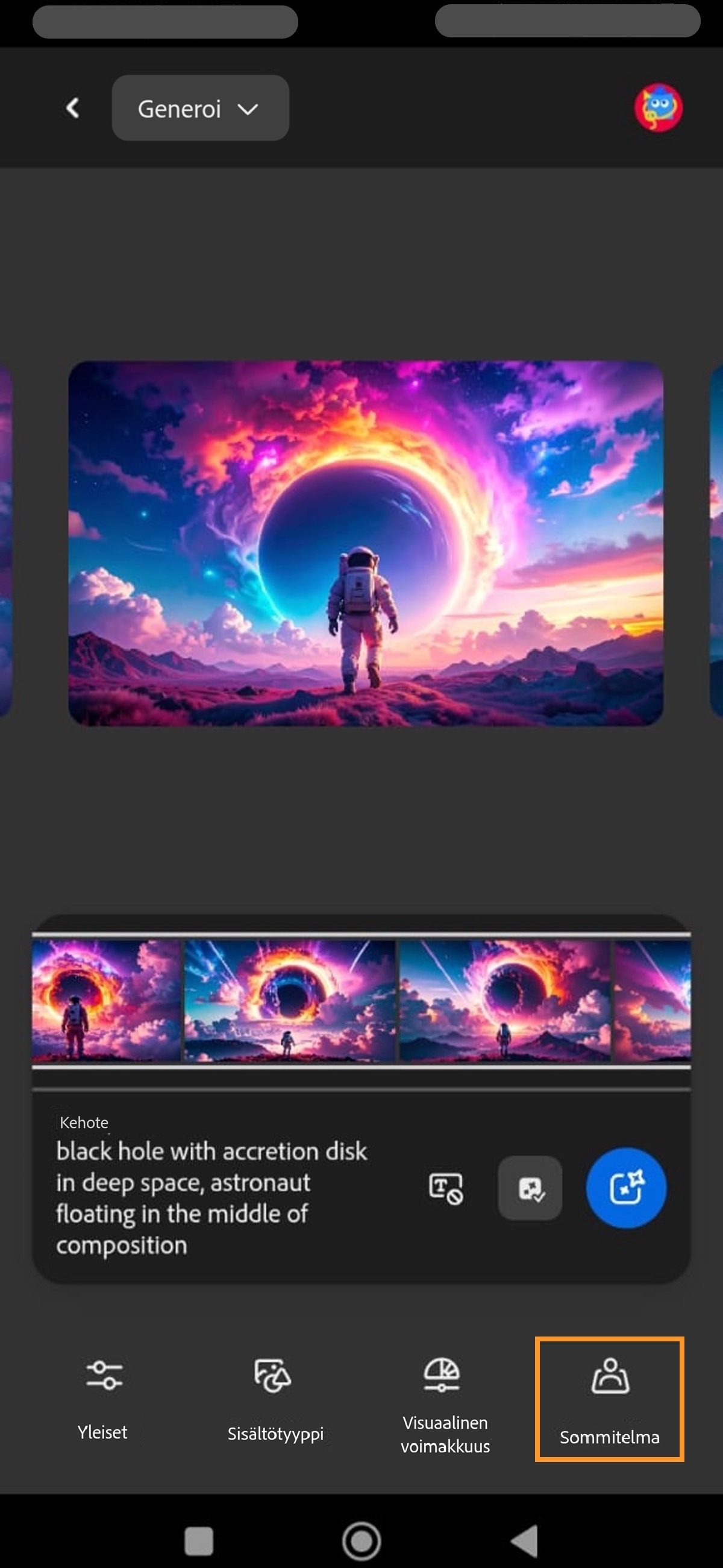 Sommittelu-asetus on valittuna, ja uuden kuvavariaatiosarjan generointia ohjataan viitekuvan avulla.