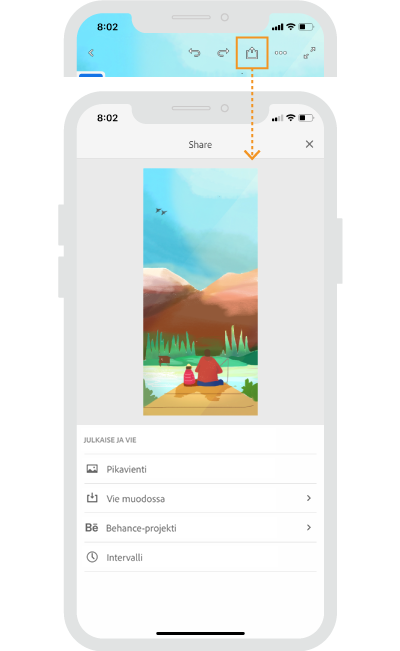 Jakaminen, julkaiseminen ja vieminen Frescon iPhone-versiolla