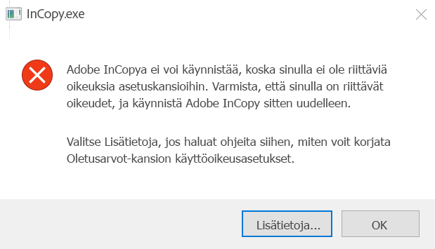 InCopyn käyttöoikeusongelma Windowsissa