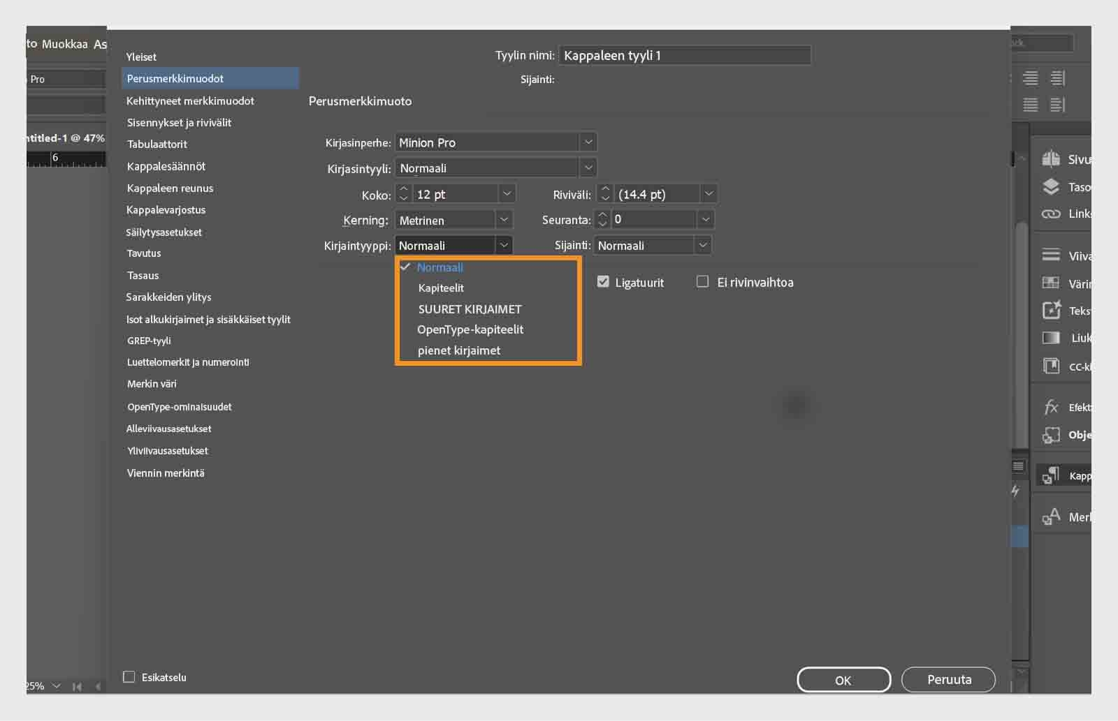 Näyttökuva Kappaletyyli-asetusvalikosta, jossa avattava Kirjainkoko-valikko on korostettuna.