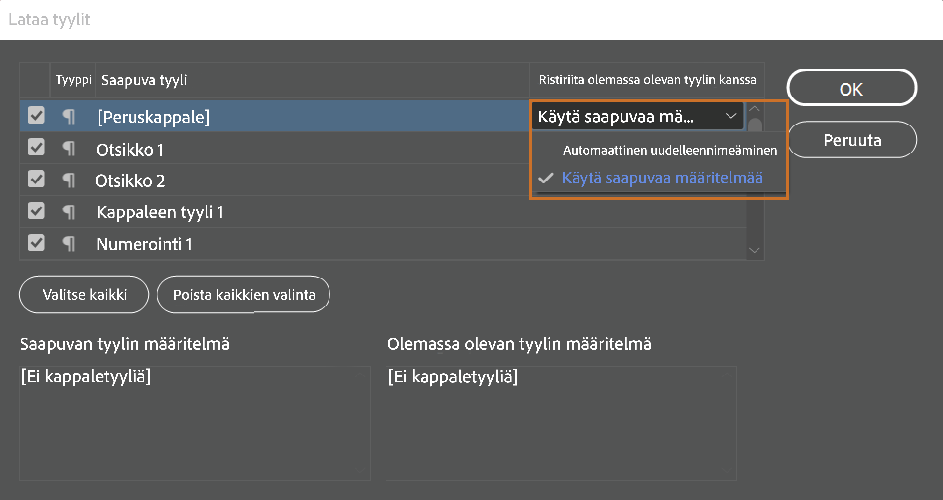 Lataa tyylit -valintaikkuna