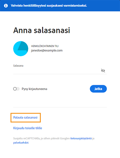 Palauta salasanasi