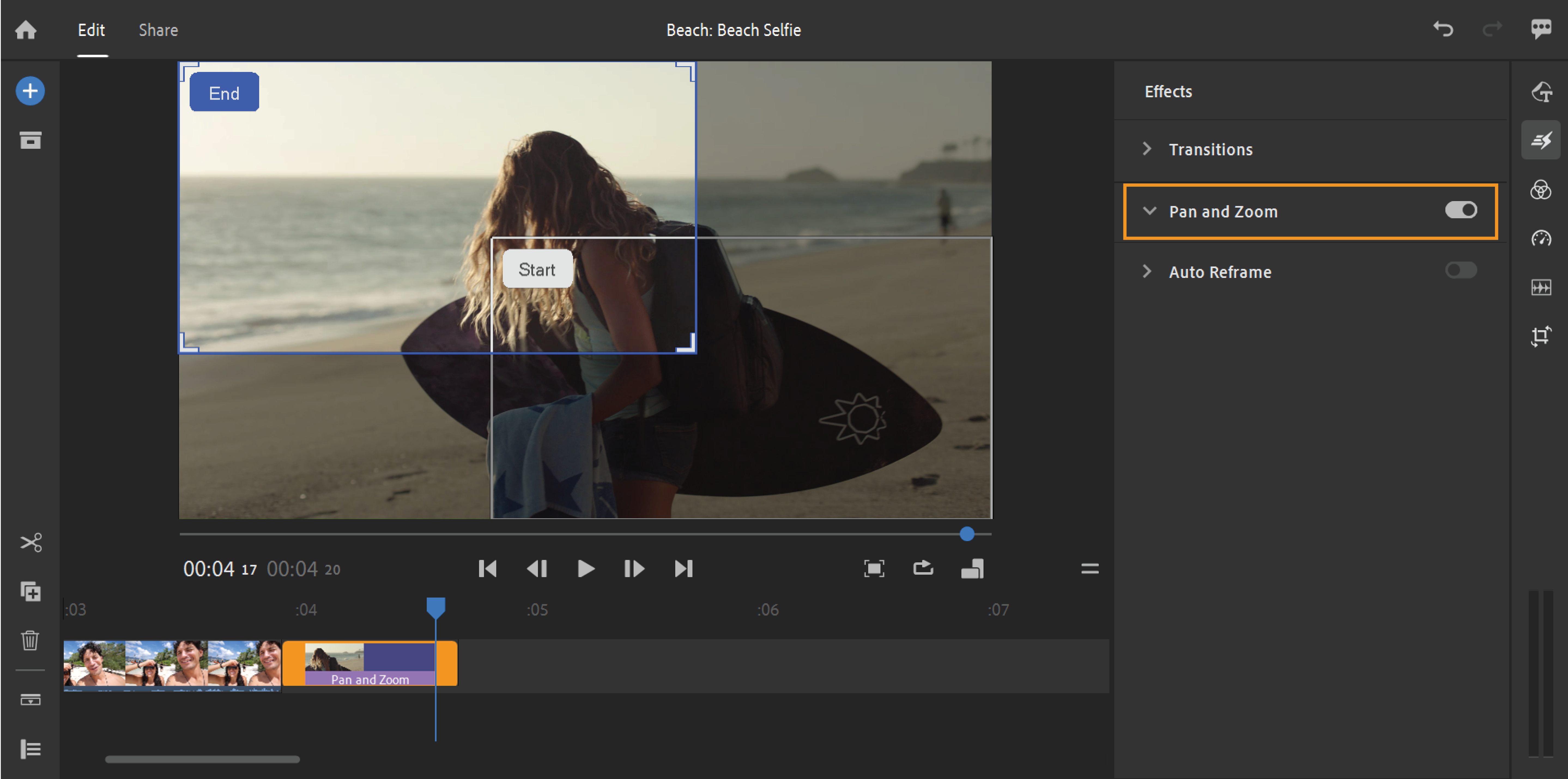 Panorointi- ja zoomaustehosteen säätäminen