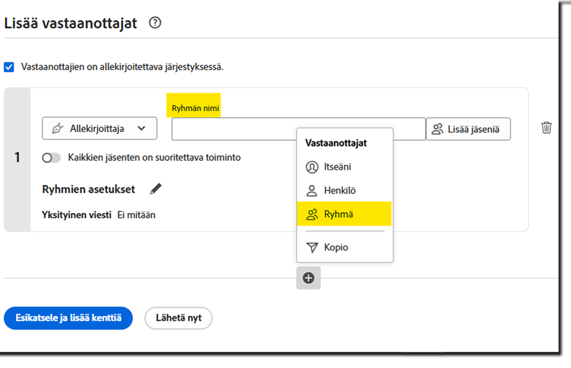 Lähetä-sivu, jossa näkyy korostettuna Lisää vastaanottajaryhmät -linkki ja kertaluonteisten vastaanottajaryhmien syöttökentät