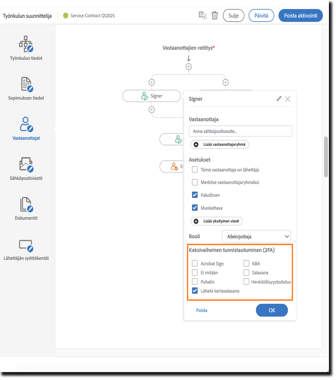 Vastaanottaja-välilehti, jossa näkyvät allekirjoittajan ominaisuudet ja todennusasetukset korostettuina
