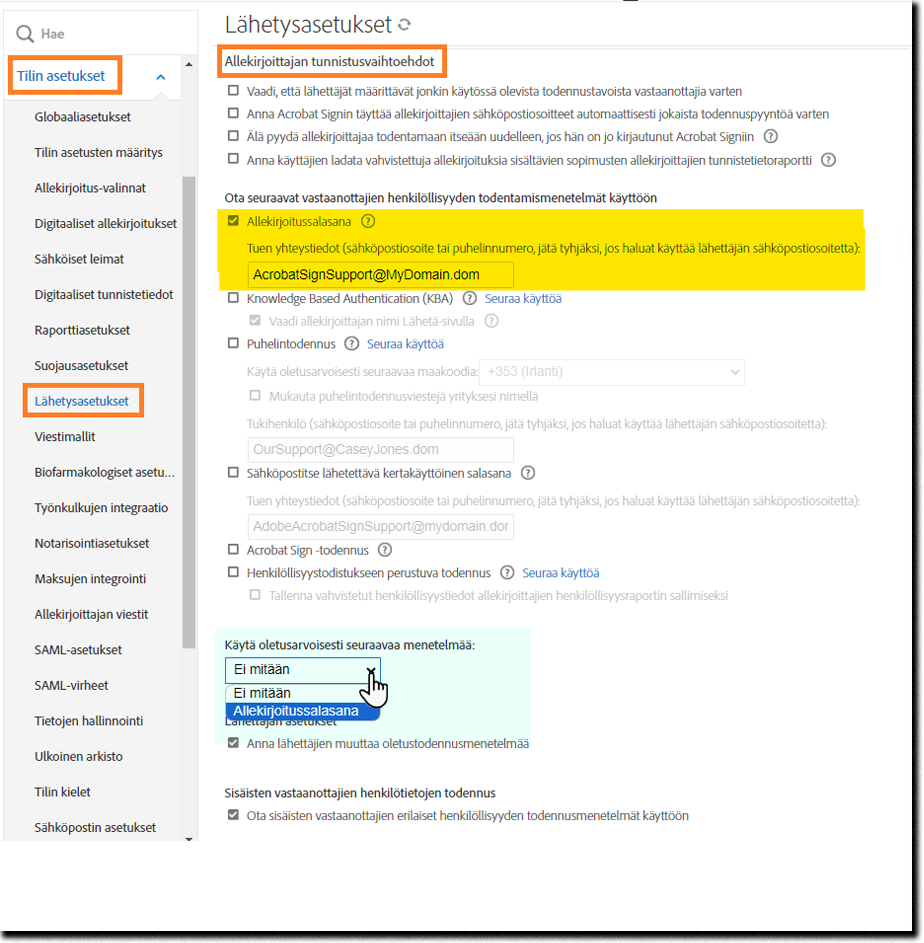 Salasanaan perustuvan henkilöllisyyden todennuksen asetukset