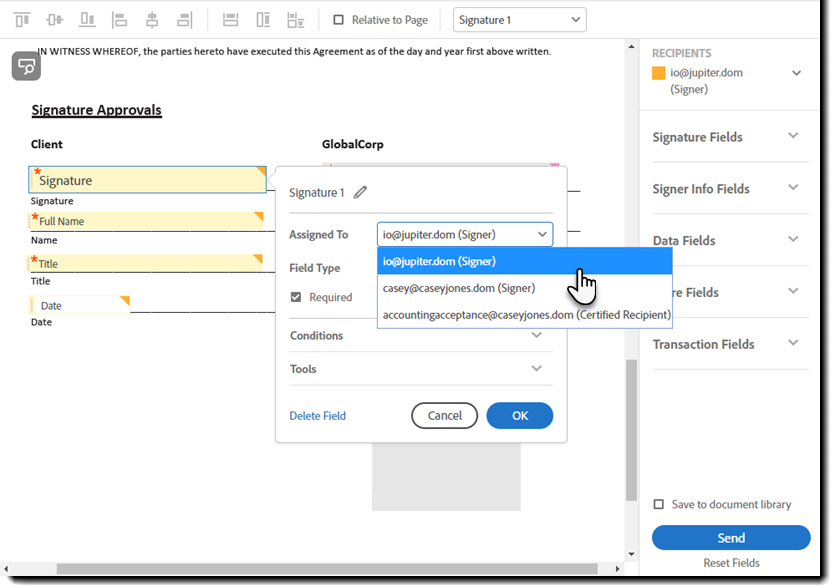 Kentän ominaisuudet -kohdan Rooli-valitsin