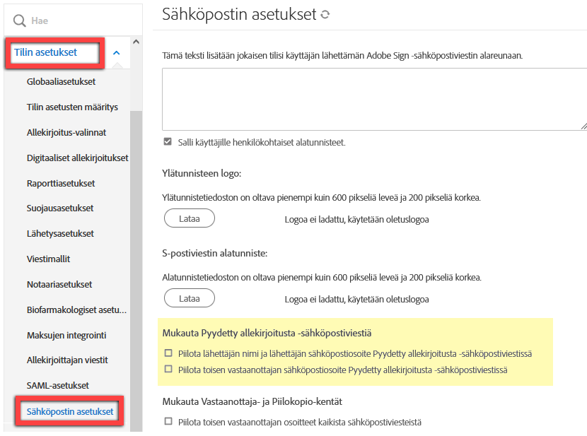 Siirry "Mukauta Pyydettu allekirjoitusta -sähköpostiviestiä" -asetukseen