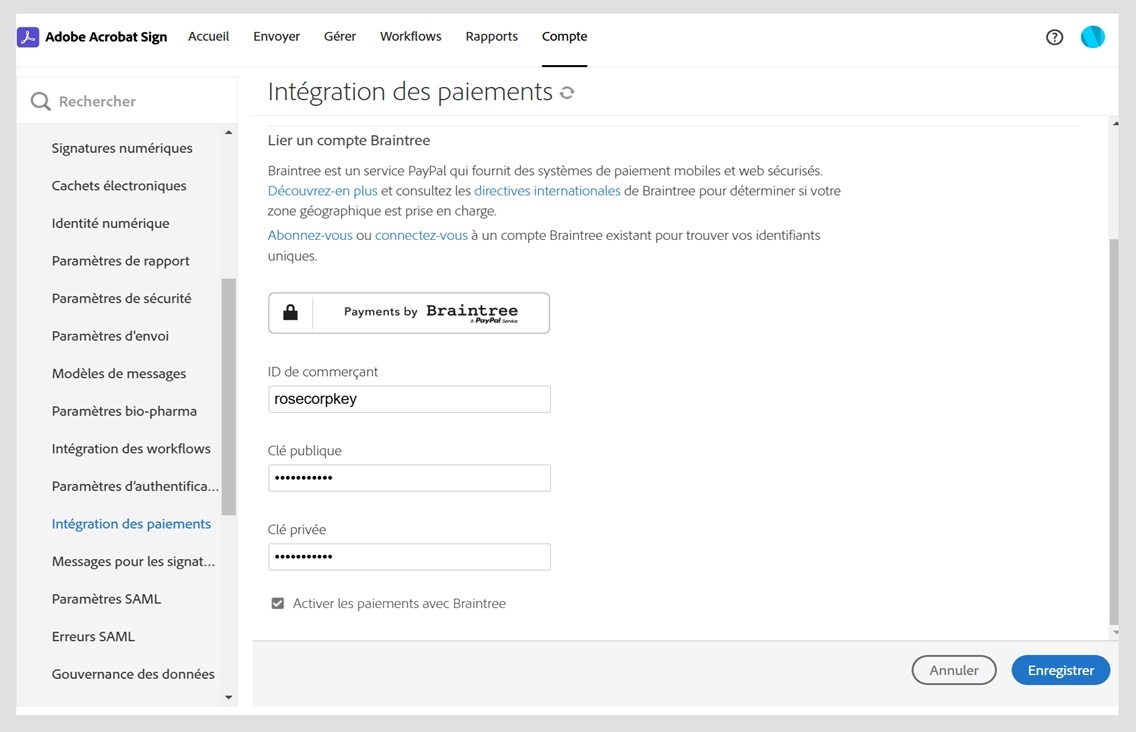 La page Intégration des paiements dans les paramètres du compte d’Acrobat Sign s’affiche. Vous devez saisir et enregistrer les informations relatives au commerçant pour permettre le recouvrement des paiements en ligne.