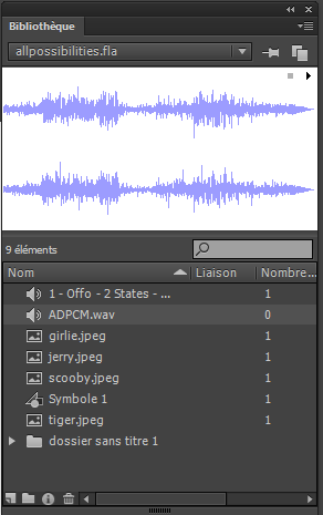 Panneau Bibliothèque avec un clip audio sélectionné