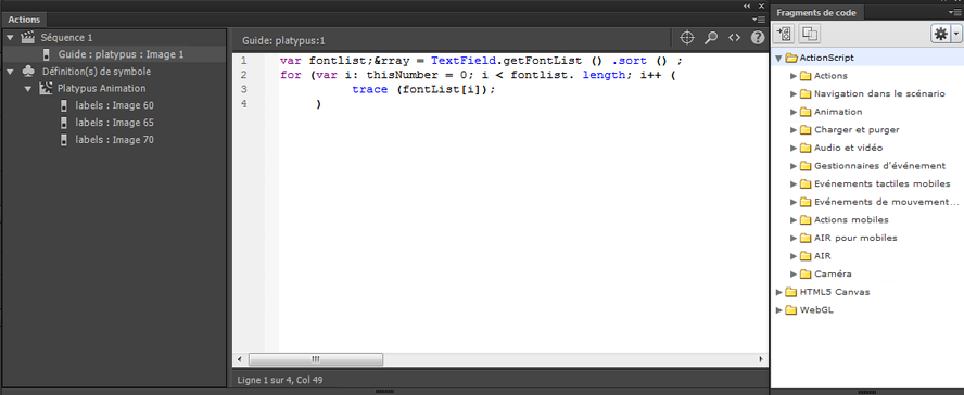 Panneau Actions montrant une action stop() dans une image.