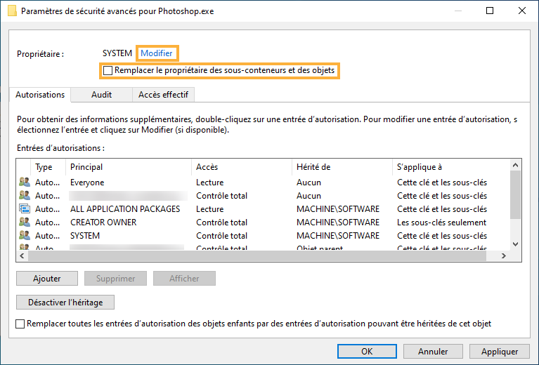 Modification du propriétaire