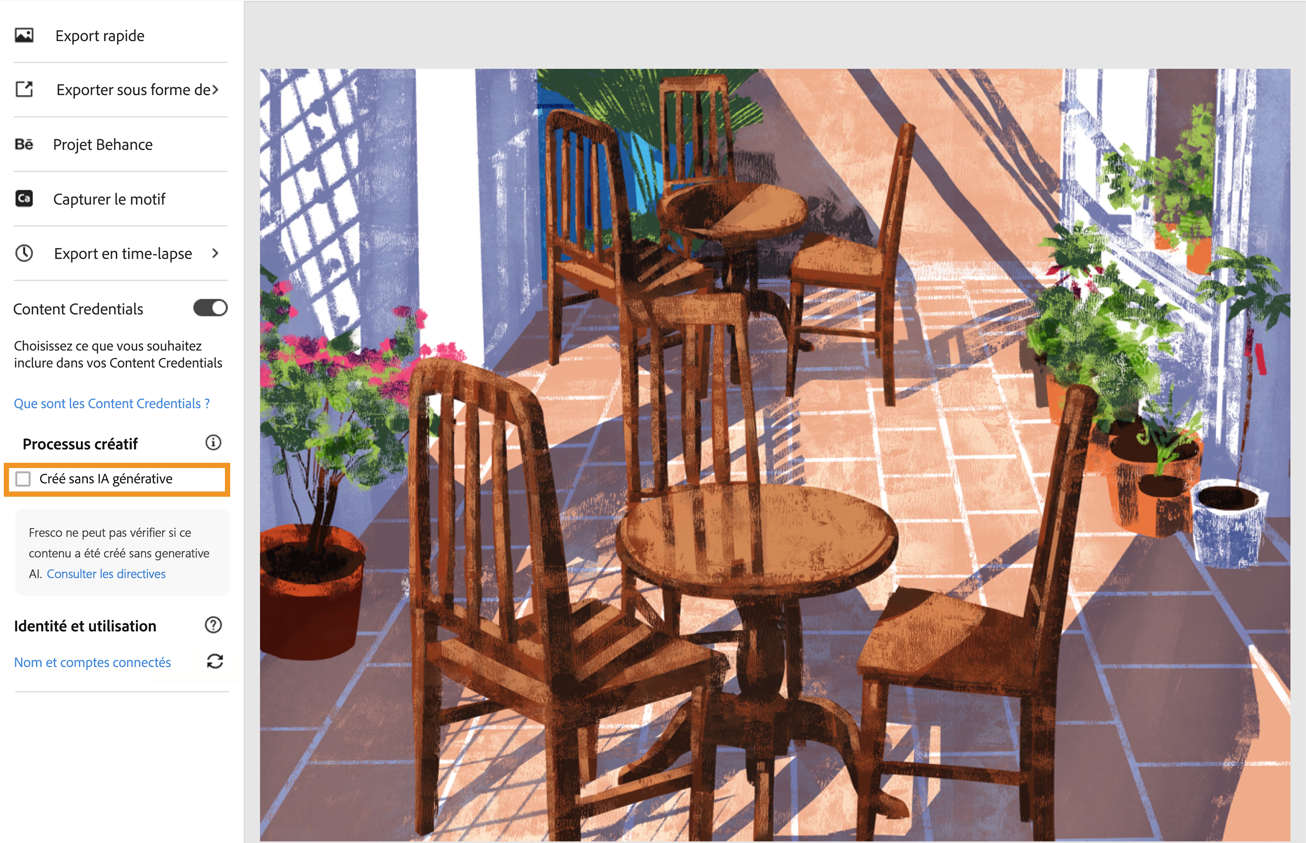 Les éléments créés sans IA générative sont grisés et décochés si le document est exempt d’IA générative.