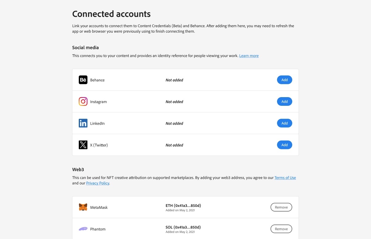 Site Web Comptes connectés (https://connected-accounts.adobe.com/)