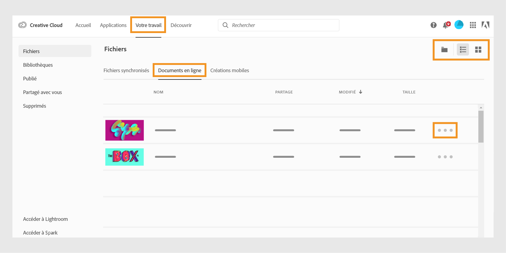 Organisation des documents en ligne depuis le site web de Creative Cloud