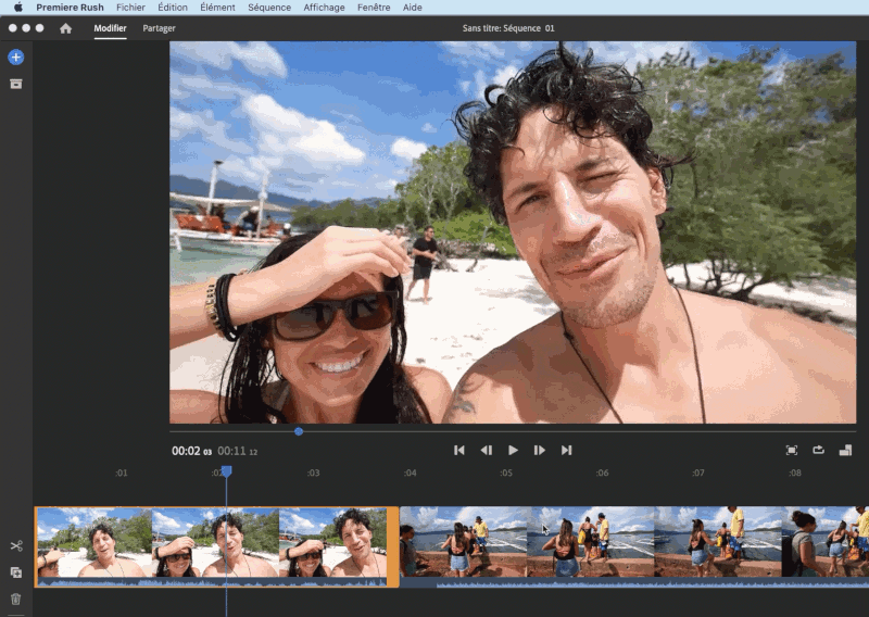 Sélectionnez l’élément audio-vidéo dans la chronologie, puis sélectionnez Élément > Séparer les données audio, ou appuyez sur E sur le clavier.