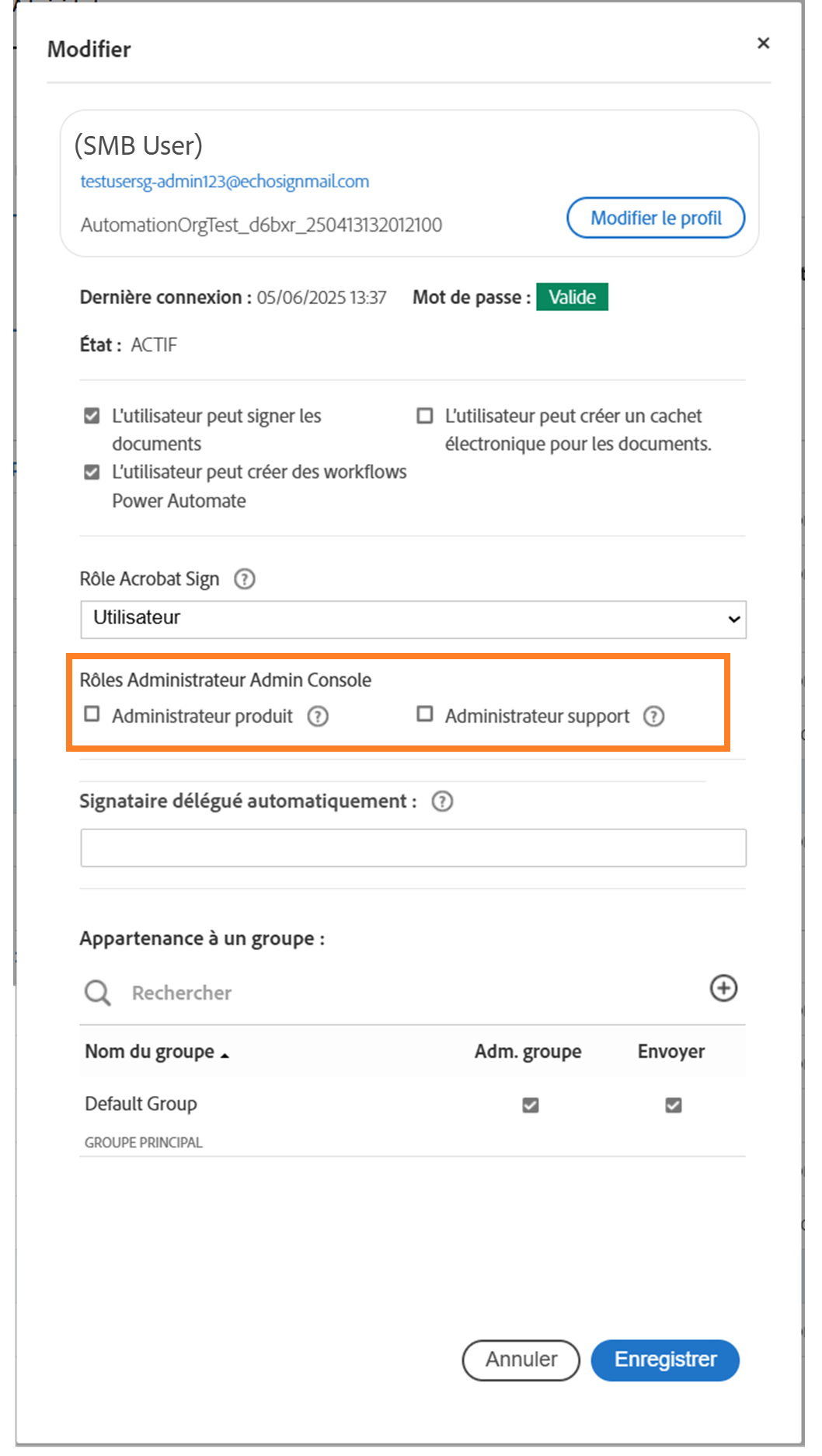 Panneau Profil utilisateur avec les rôles Admin Console en surbrillance.