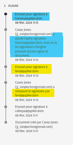 La liste des Activités de l’accord met en évidence les événements Remplacer et Ajouter un destinataire.