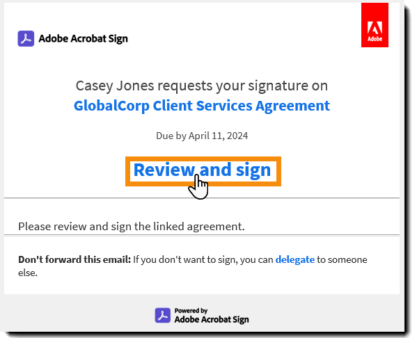 E-mail « Vérifier et signer » avec le lien mis en évidence.