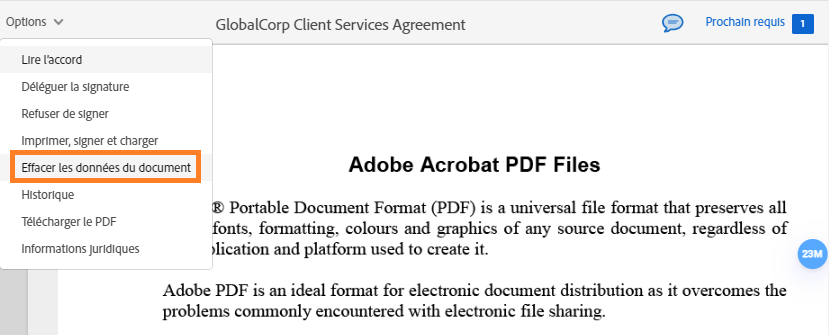 Page de signature électronique avec le menu Options développé et l’option « Effacer les données du document » mise en surbrillance.