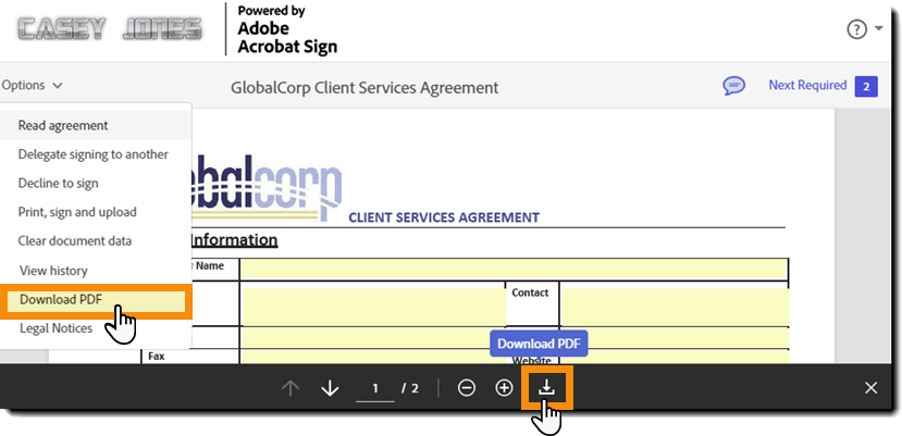 Page de signature électronique avec le menu Options développé et l’option « Télécharger le PDF » mise en évidence.