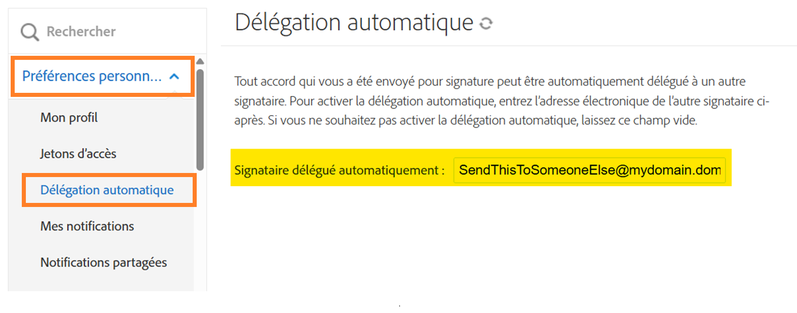 Définir l’adresse e-mail de délégation