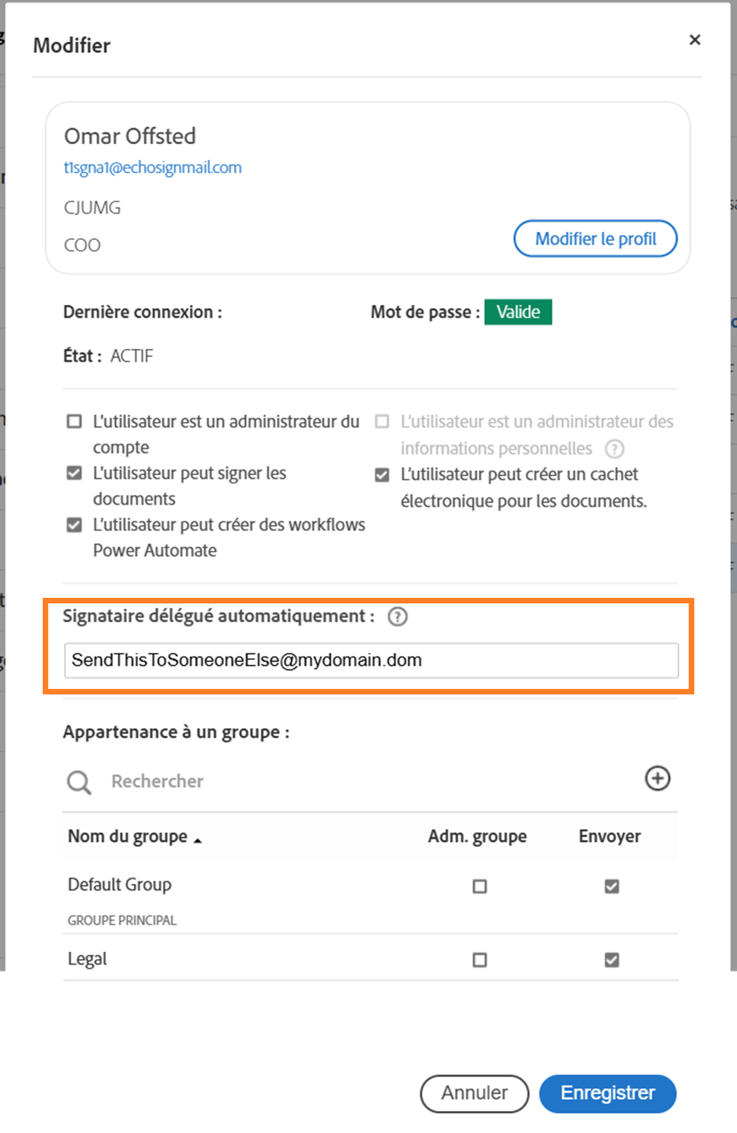 Interface de modification d’un utilisateur avec l’option Signataire délégué automatiquement mise en évidence