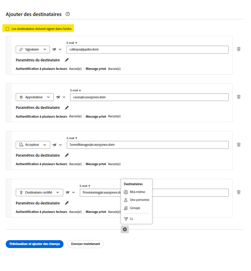 Configuration de signature parallèle sur la page Envoyer avec la commande désactivée « Les destinataires doivent signer dans l’ordre » mise en surbrillance