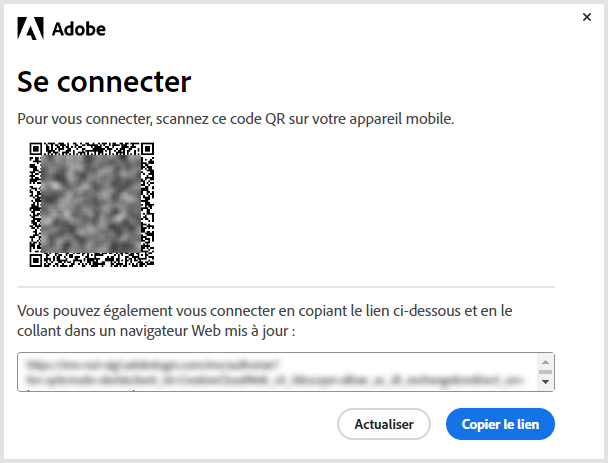 Utilisez le code QR pour vous connecter sur votre appareil mobile afin de réinstaller ou d’activer vos applications sans abonnement