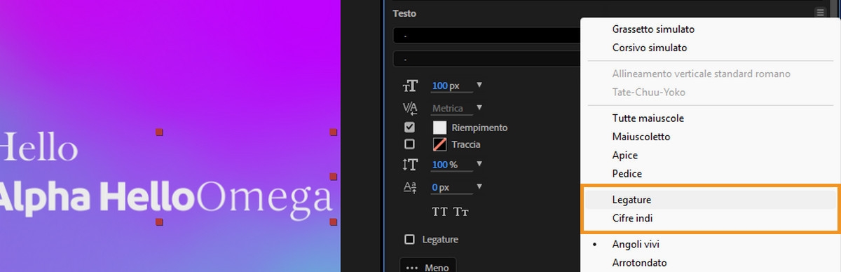 L’opzione Legature dei caratteri è evidenziata nel pannello Carattere in After Effects.