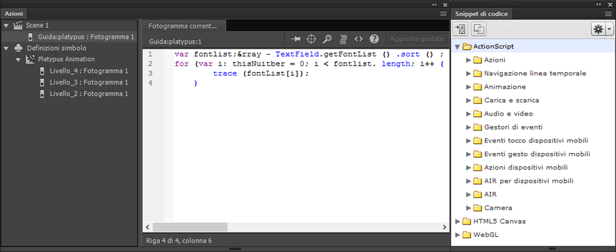 Il pannello Azioni con un'azione stop() in un fotogramma.