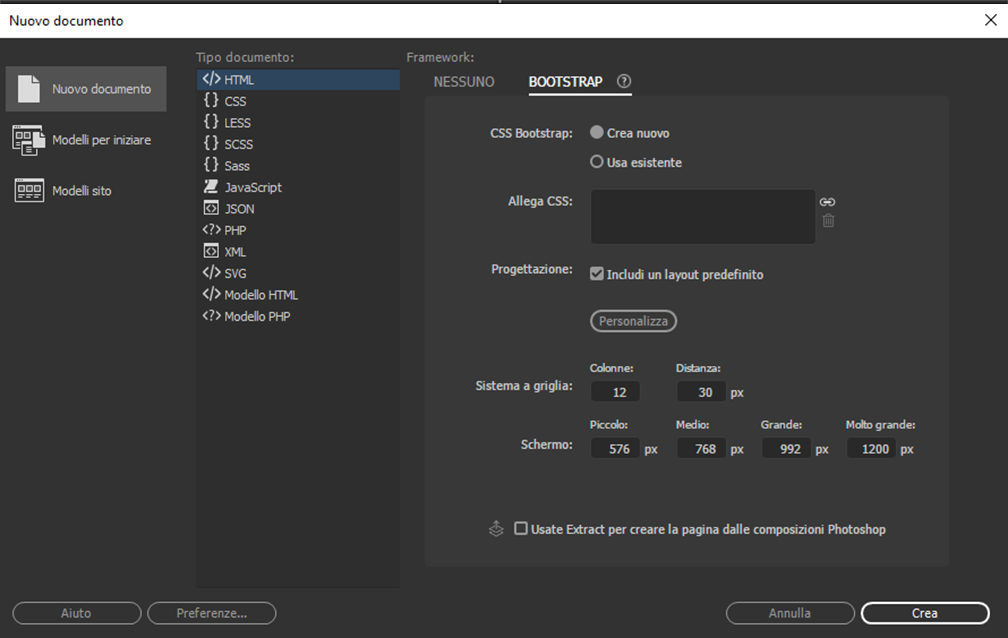 Creazione di un nuovo documento Bootstrap