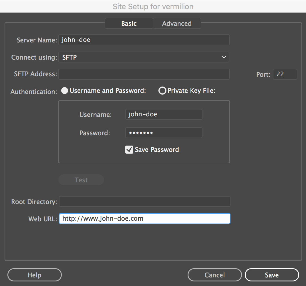 Configurazione del sito con connessione SFTP