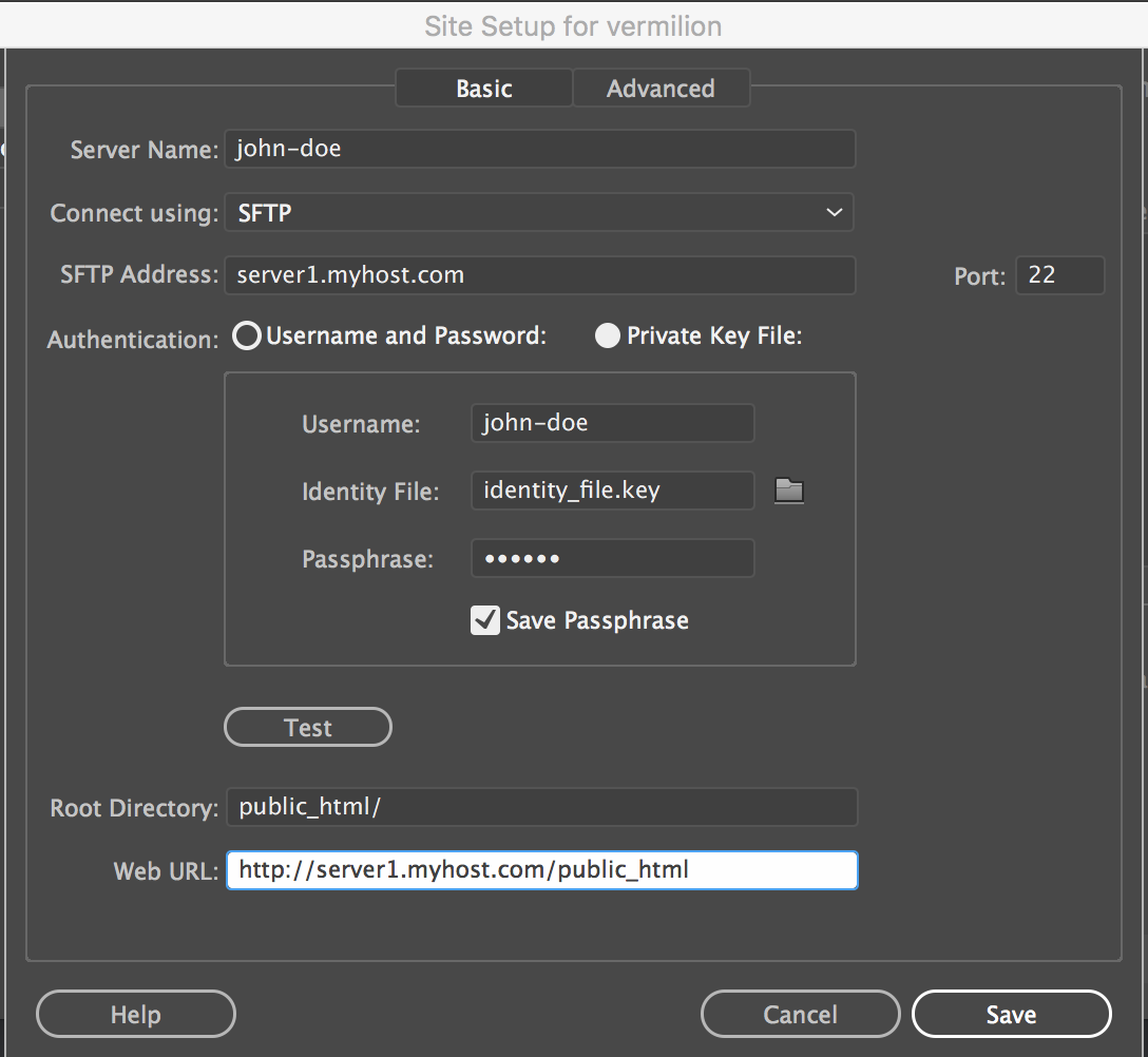Configurazione del sito con connessione SFTP - file di identità