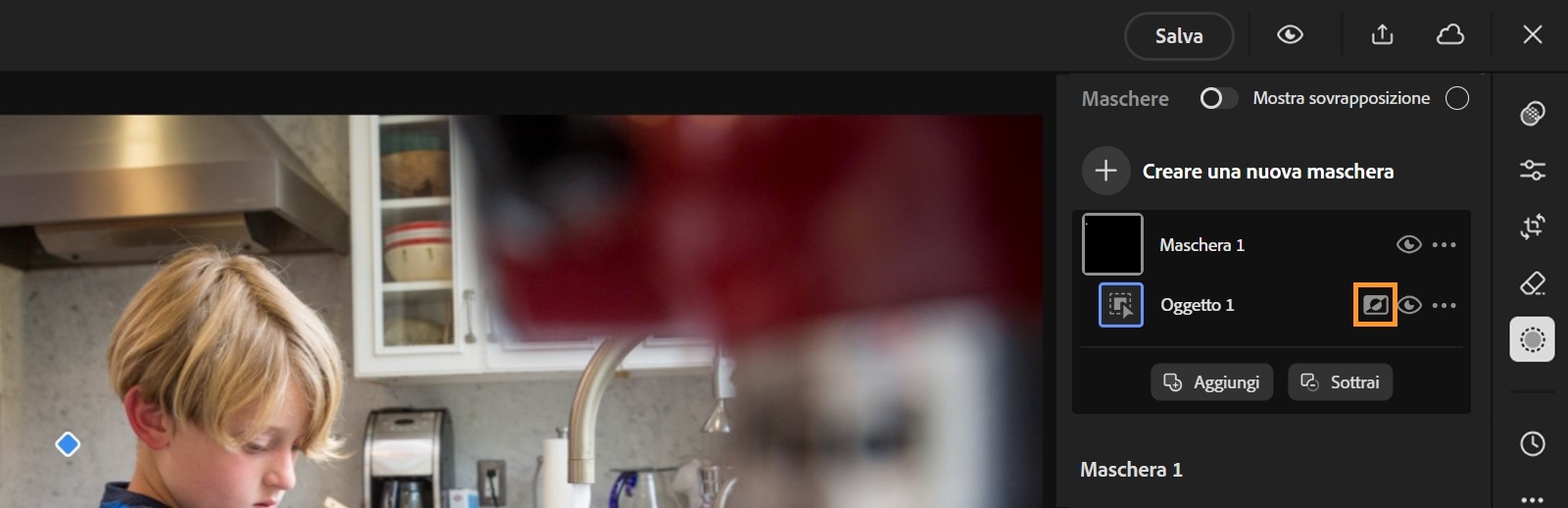 Pannello strumenti Maschera con l’icona Inverti evidenziata. Il pannello include anche le opzioni Mostra sovrapposizione, Crea nuova maschera, Aggiungi maschera e Sottrai maschera. 