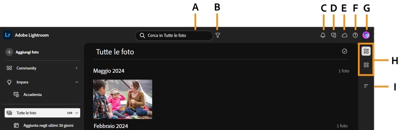 La vista Tutte le foto viene mostra con una sola immagine.