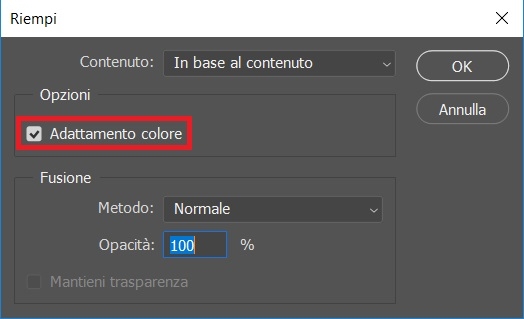 Riempimento in base al contenuto con adattamento colore di Photoshop